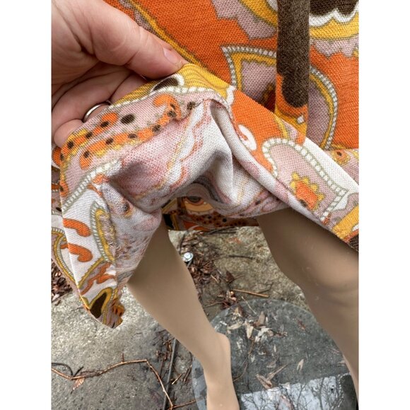 60s Groovy Print Knit Belted Shirt Dress 100% Virgin Wool Long Sleeve Orange Yel - Picture 7 of 16